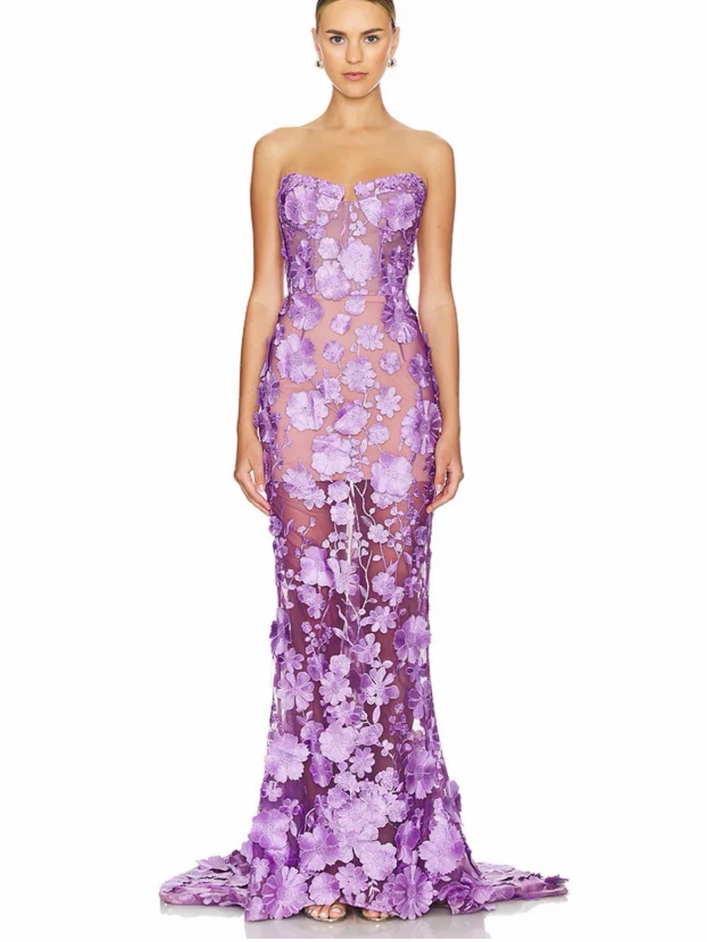 Bronx and Banco Lavender Strapless Floral Appliqué Gown